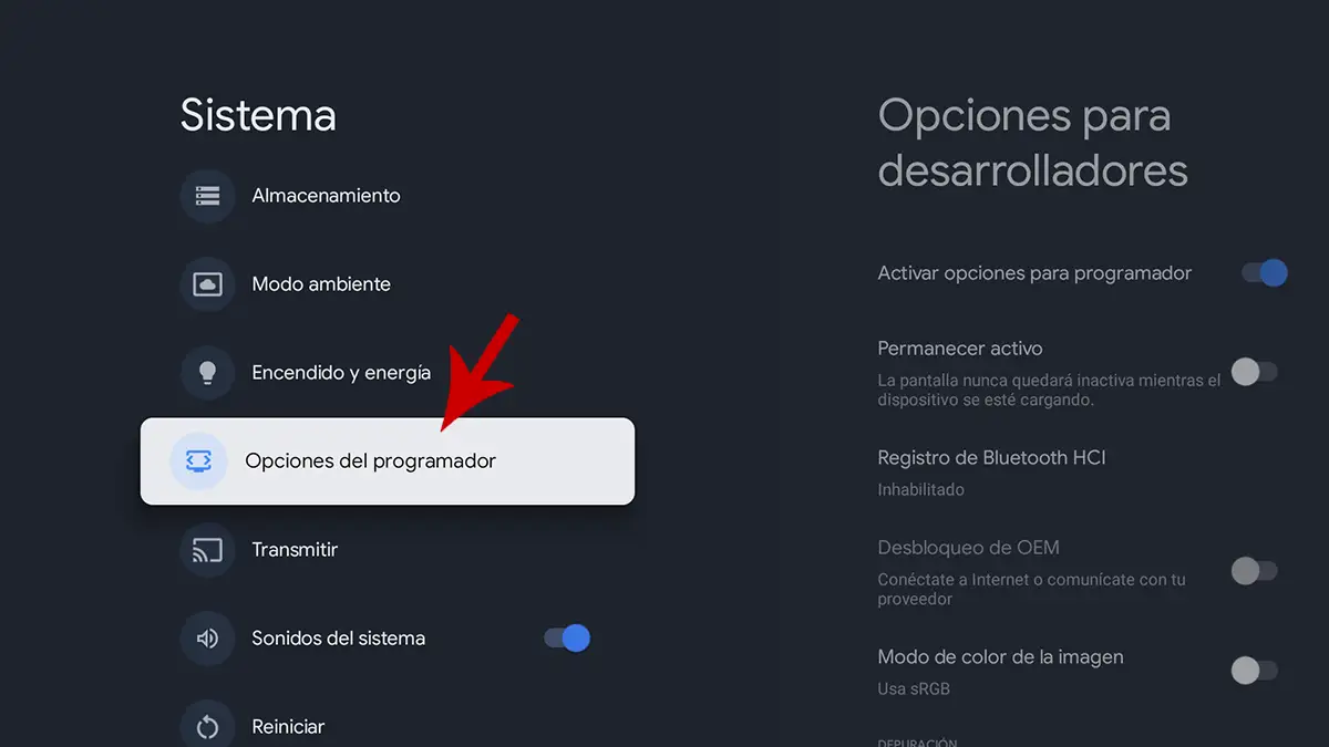 Acceder a las opciones del programador en Android TV