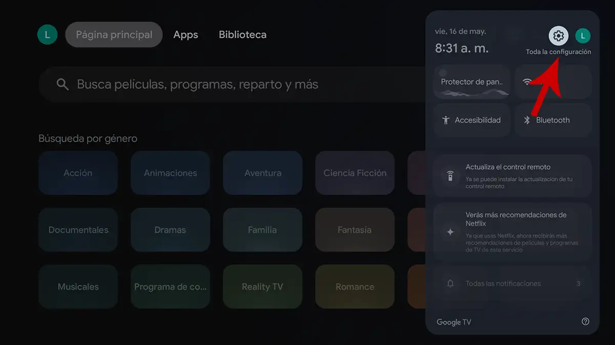 Ingresa en los ajustes de Android TV