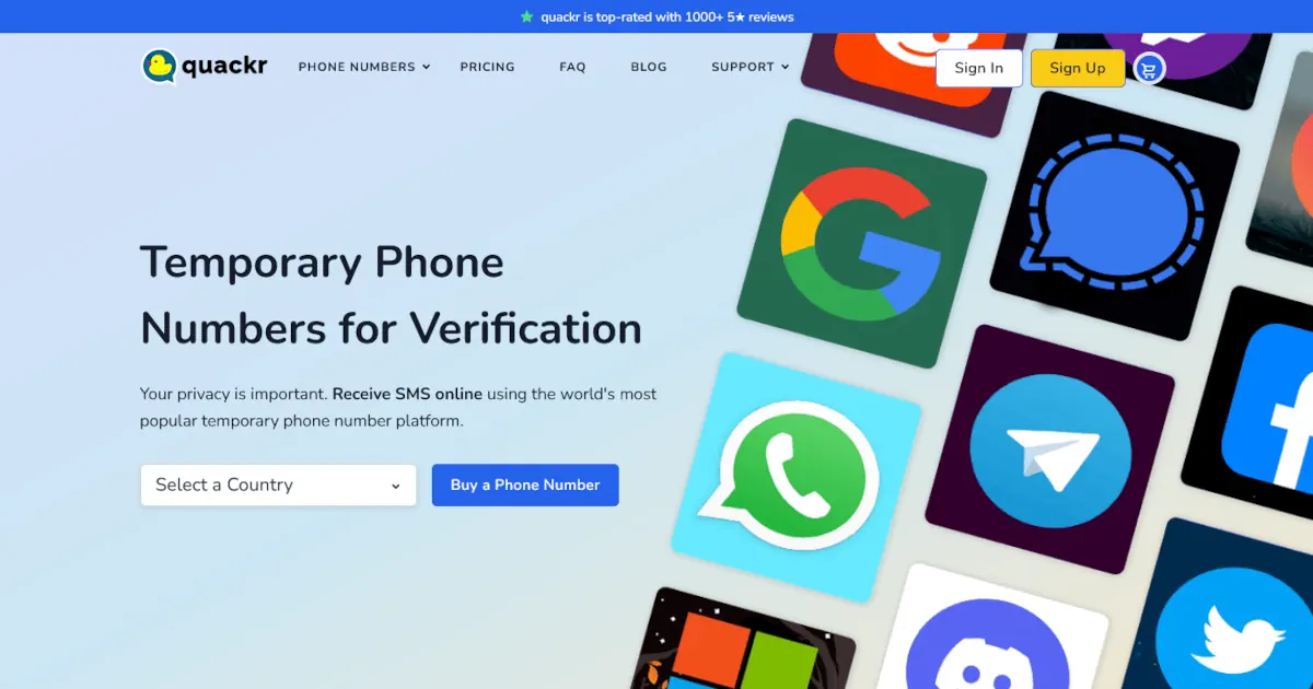 Quackr - número falso para Telegram.