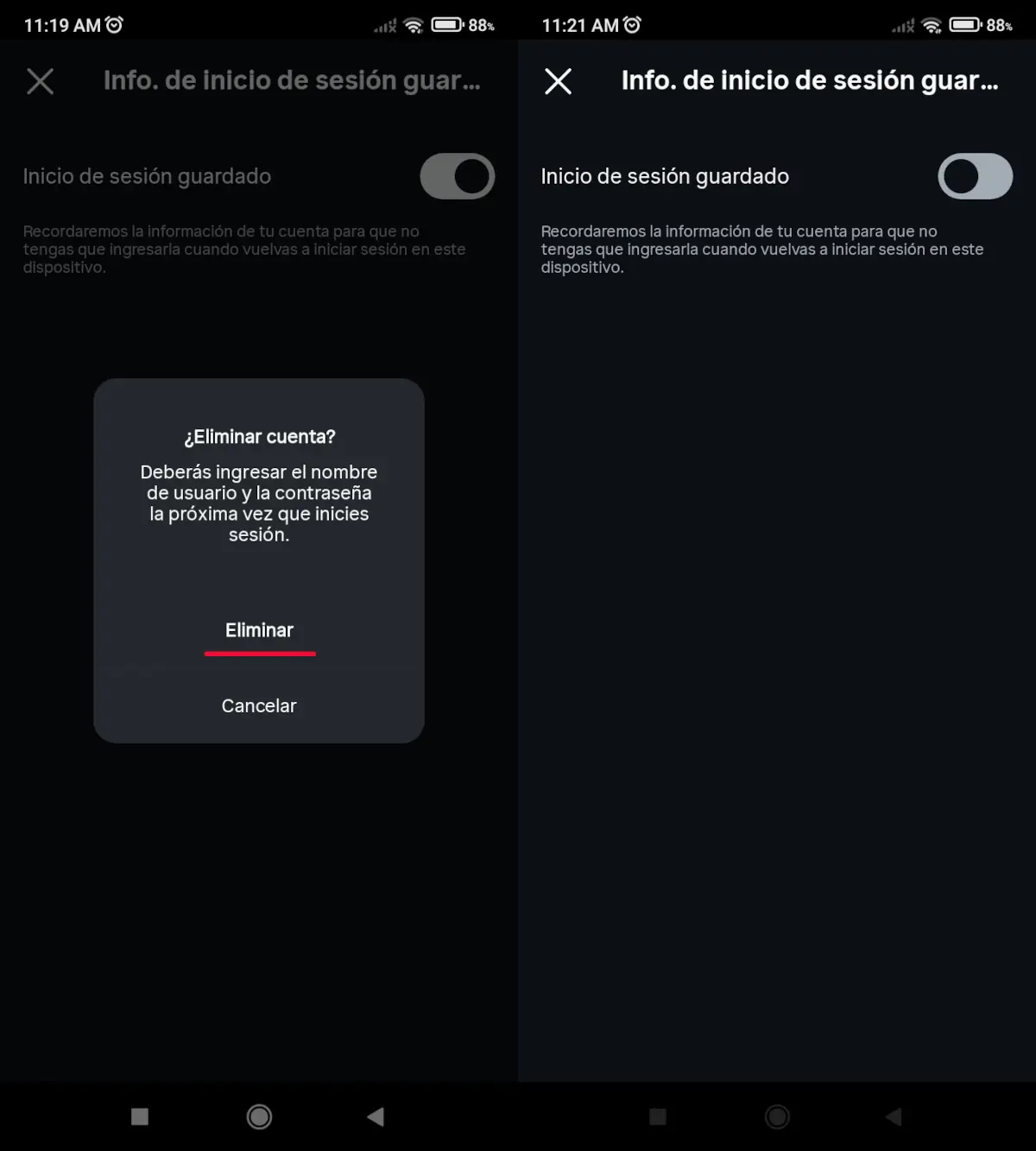 Pasos para eliminar el inicio de sesión guardado en Instagram - parte 3.