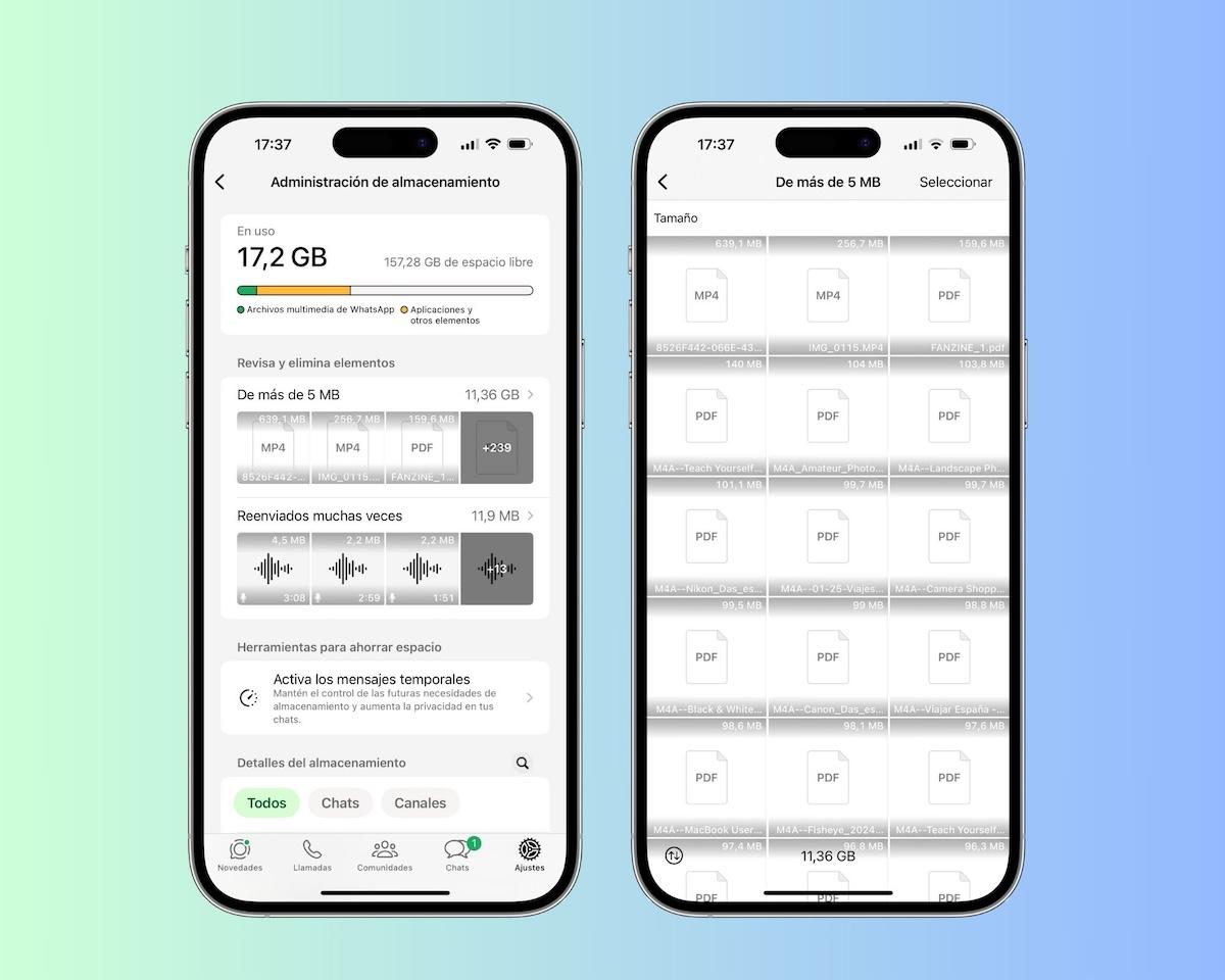 Pantalla del administrador de almacenamiento de WhatsApp en un móvil Android, mostrando el espacio usado y las opciones para revisar y eliminar archivos por tamaño y por chat