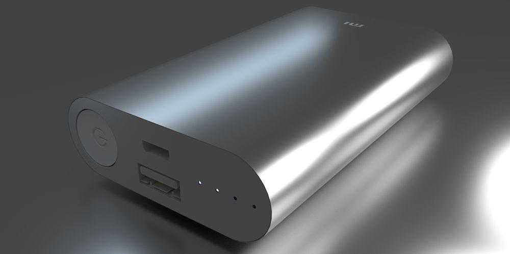 Un modelo popular de powerbank fabricado por Xiaomi mostrando sus puertos de conexión y los indicadores LED de nivel de carga.
