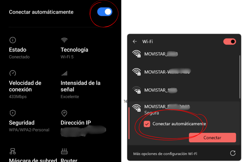 Botón de conectar automáticamente a red Movistar en móvil Android y en ordenador Windows