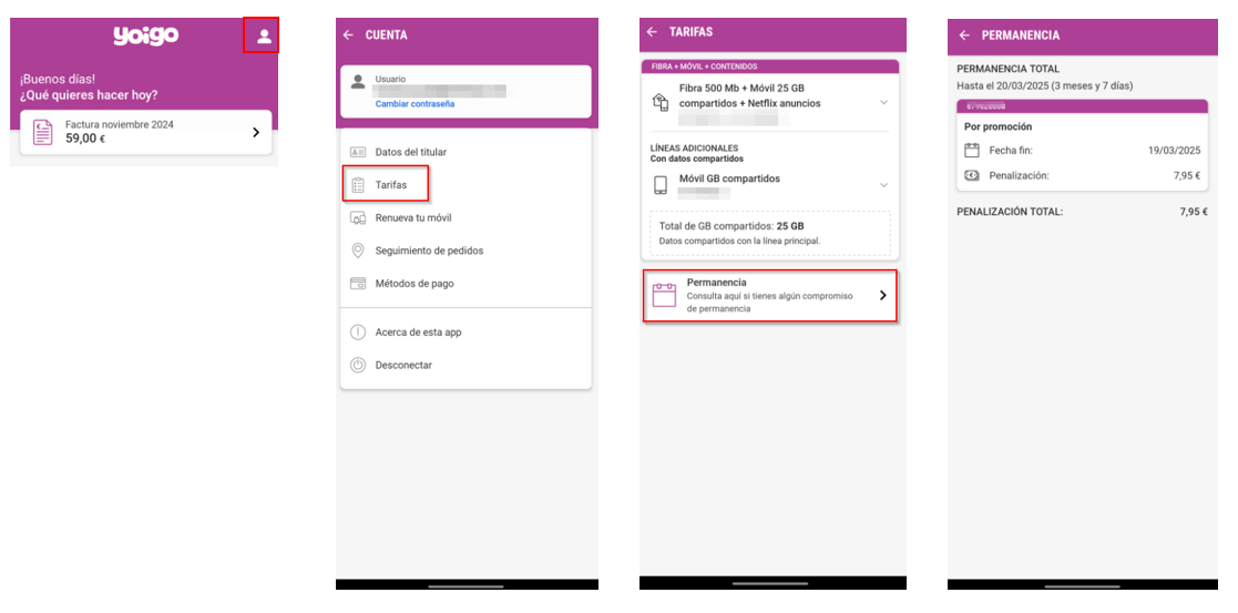 Capturas de pantalla de cómo ver la permanencia desde la app de Yoigo