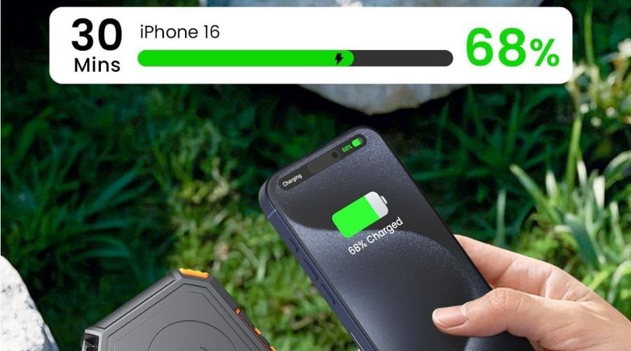 Uso del cargador solar Riapow con un iPhone 16 para analizar tiempos de carga