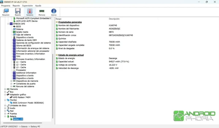 Detalles de la bateria del ASUS VivoBook S14 M3407HA en HWiNFO