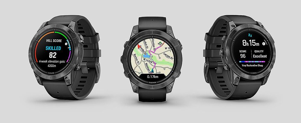 Primer plano del Garmin Epix Pro Gen 2 en la muñeca de un deportista, mostrando la interfaz de mapas topográficos en su pantalla AMOLED.