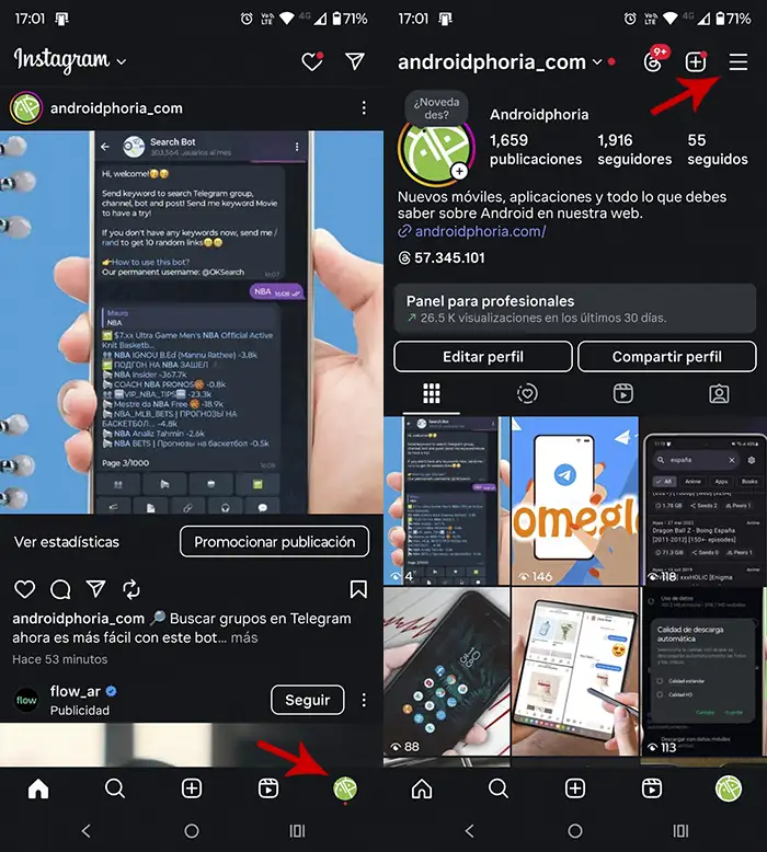 Ingresar en los ajustes de Instagram