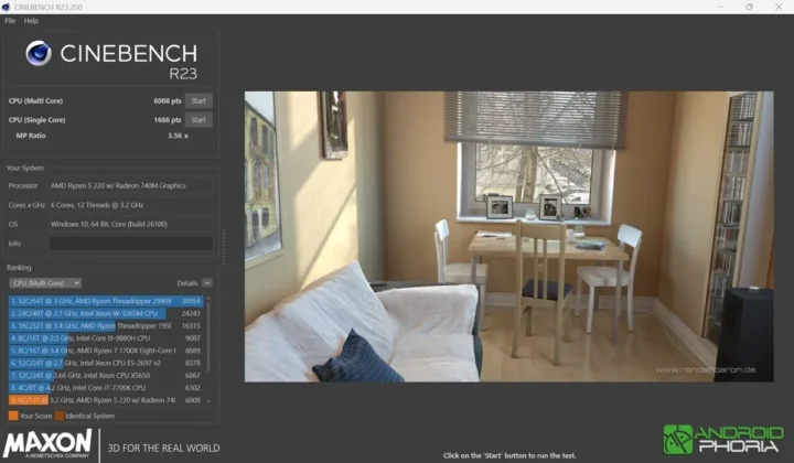 Prueba de rendimiento grafico en Cinebench R23 del ASUS VivoBook S14 M3407HA
