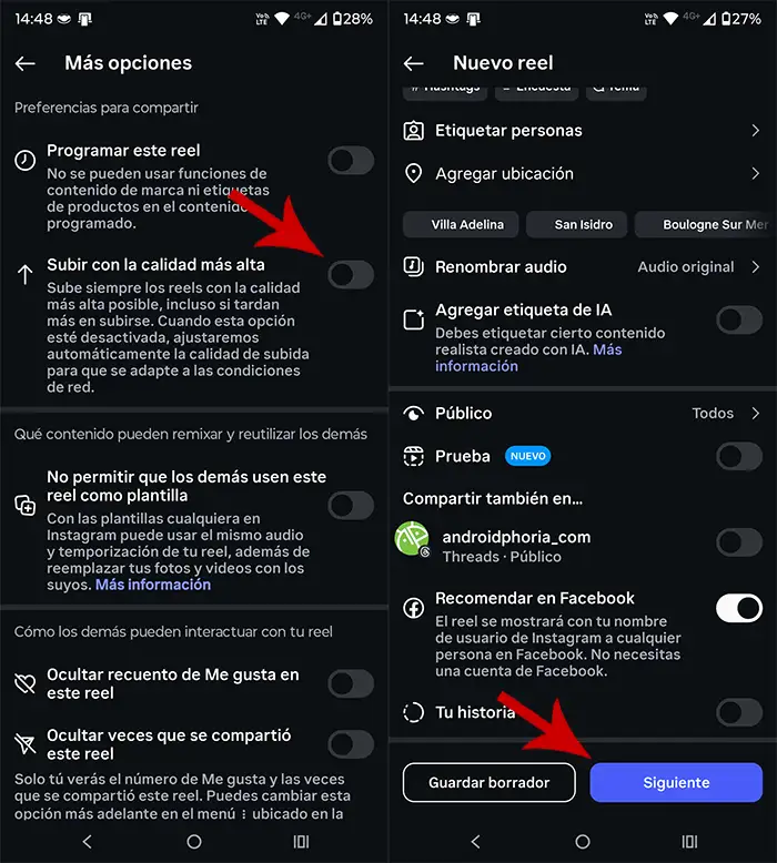 Subir vídeos con la calidad más alta a Instagram Reels