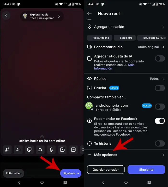 Ver más opciones en los Reels de Instagram