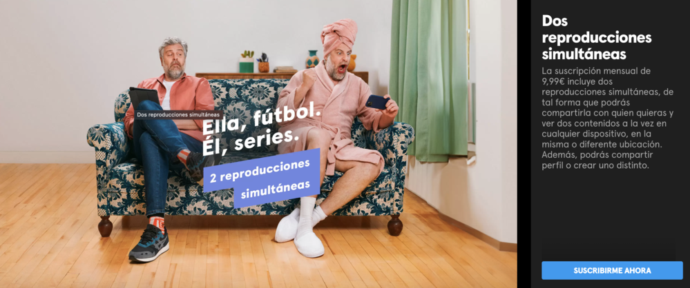 Texto de las condiciones de servicio de Movistar Plus+ que confirma las dos reproducciones simultáneas en la misma o diferente ubicación.
