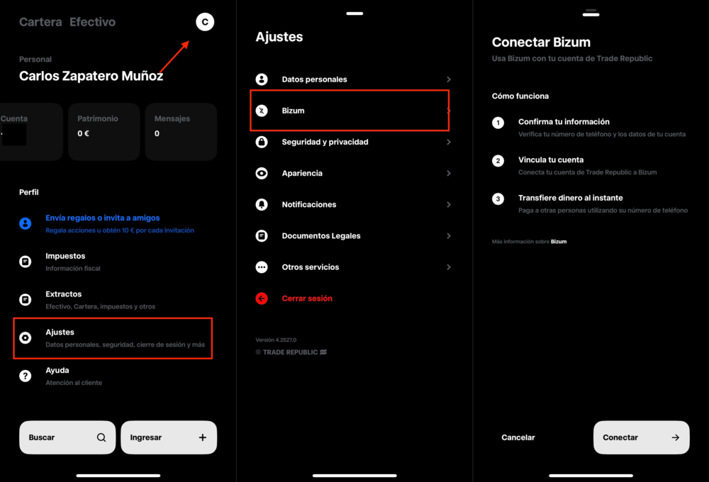 Captura de pantalla de la aplicación de Trade Republic mostrando la sección de Ajustes con la opción para conectar y activar Bizum.