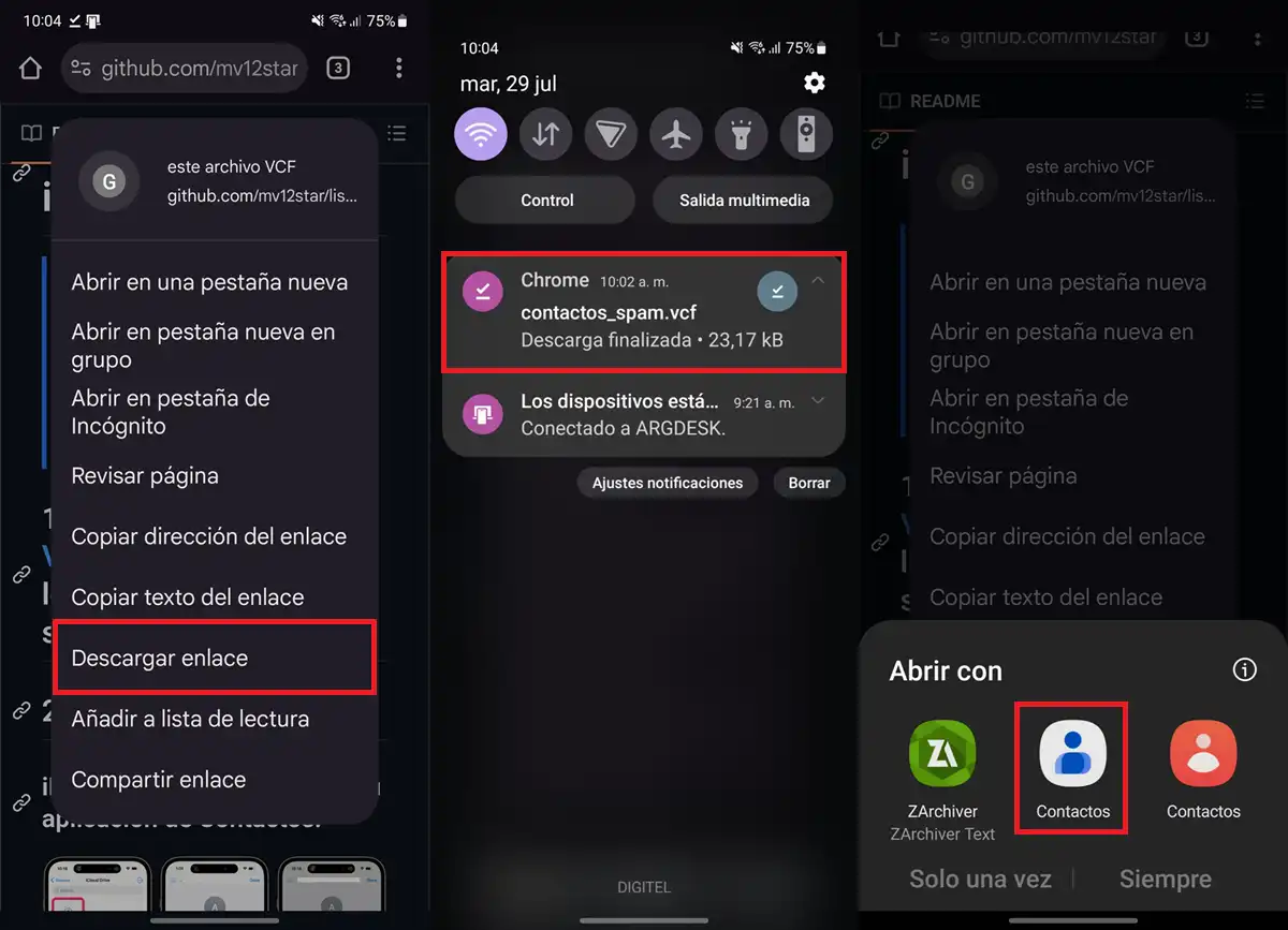 descargar lista de numeros SPAM en formato VCF para agregarla a contactos