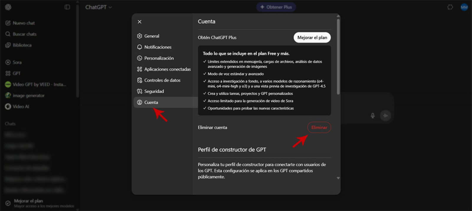 Eliminar cuenta de ChatGPT desde el PC