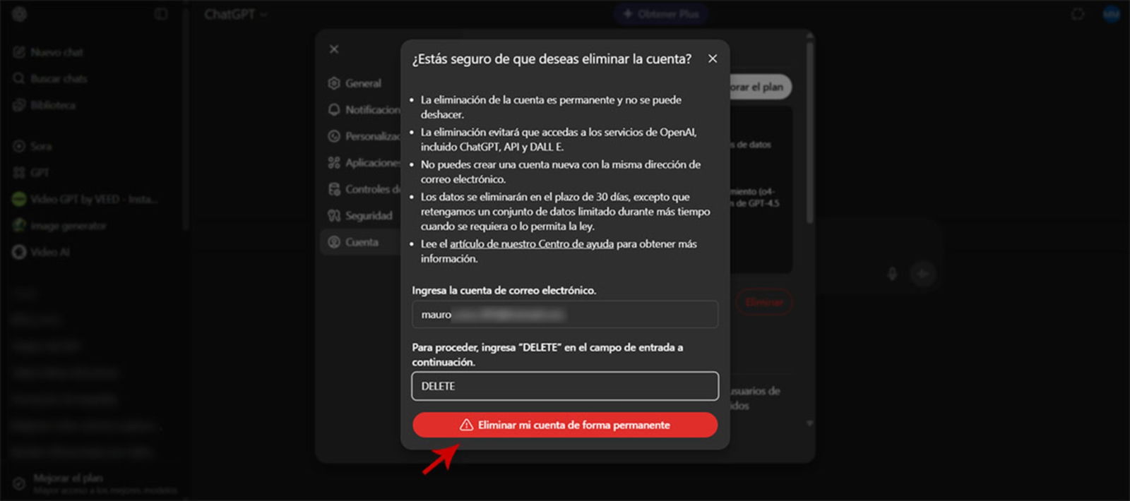 Eliminar tu cuenta de OpenAI