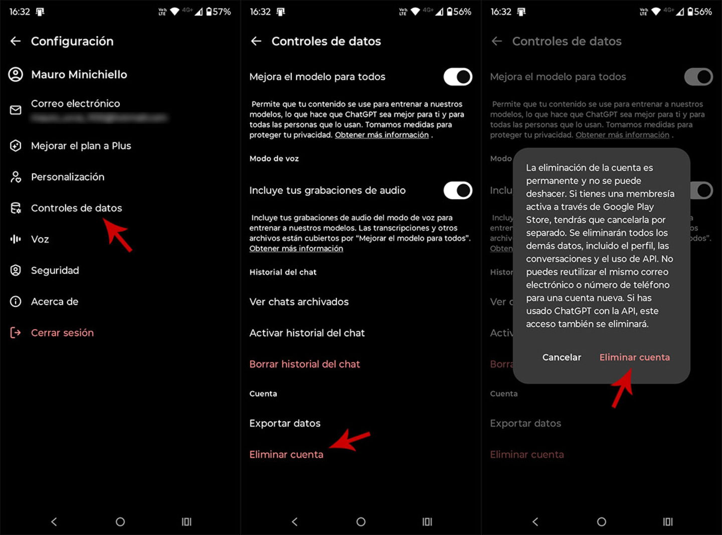 Eliminar una cuenta de ChatGPT desde el móvil