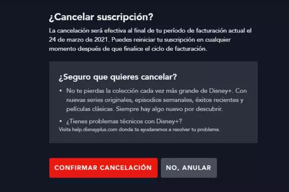 mensaje de Disney+ al cancelar suscripción