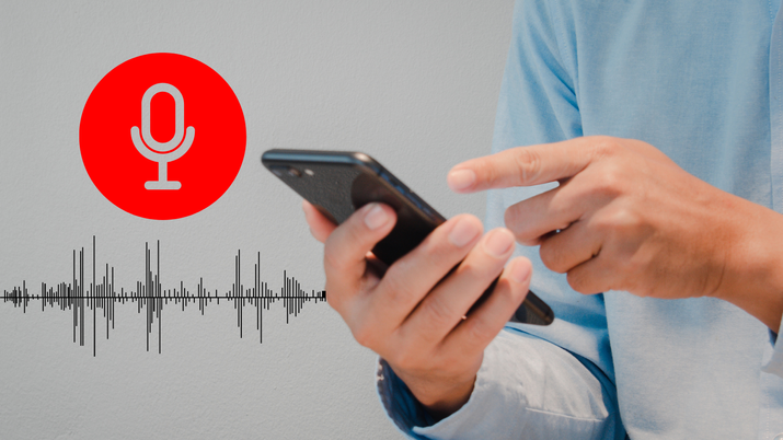 persona señalando un móvil icono rojo micrófono onda audio