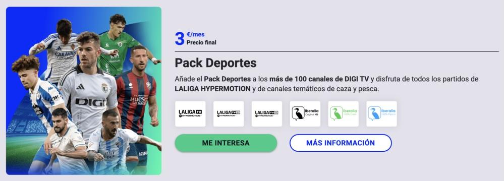 Captura de pantalla de la web oficial de Digi donde se detalla la oferta del Pack Deportes, mostrando el precio de 3 euros y los canales incluidos.