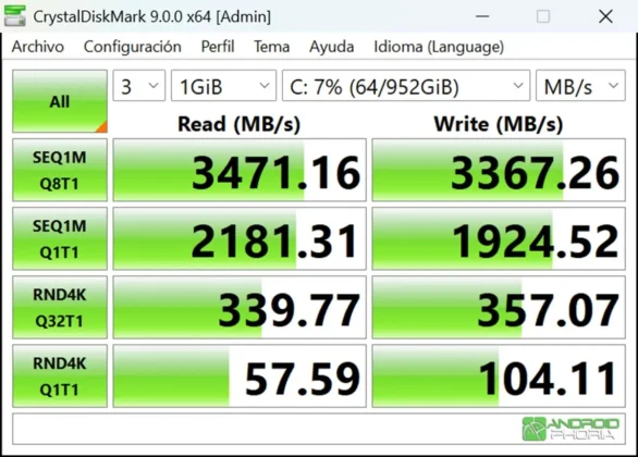 velocidad del SSD del ASUS VivoBook S14 M3407HA en CrystalDiskMark