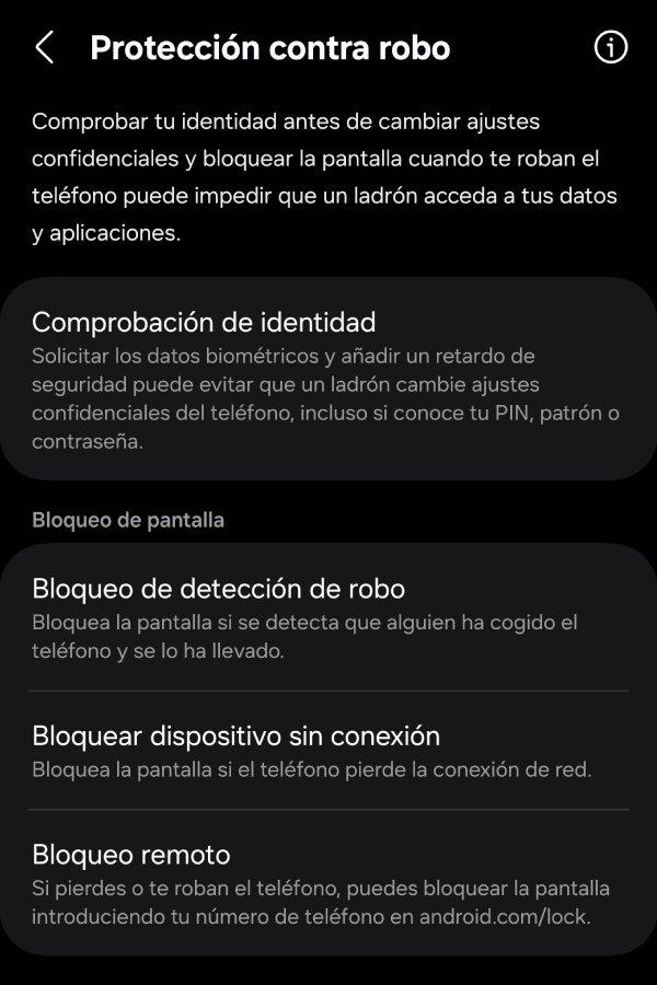 Un vistazo a la sección de Protección contra robo del Samsung Galaxy S24 Ultra