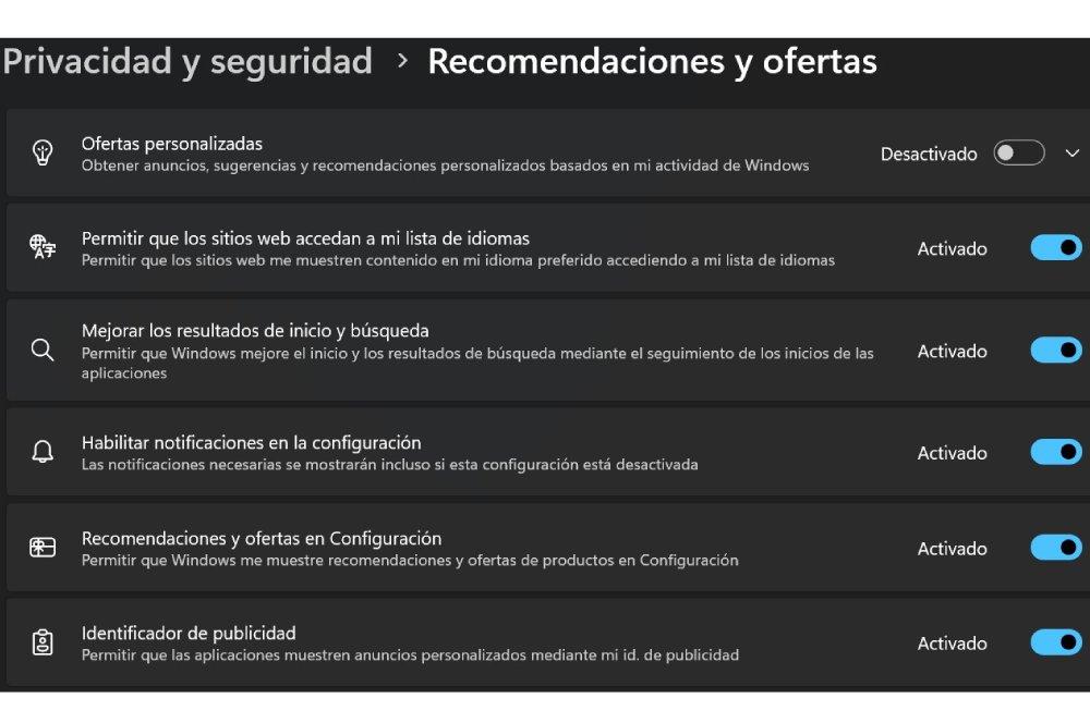 Captura de la sección Recomendaciones y ofertas en Windows 11º