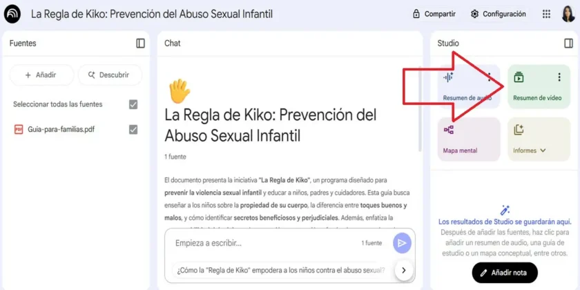 Sube documentos PDF y elige Resumen de vídeo.