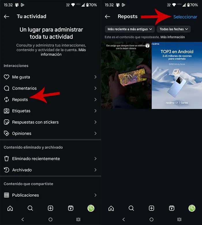 Ver los reposts que has hecho en Instagram
