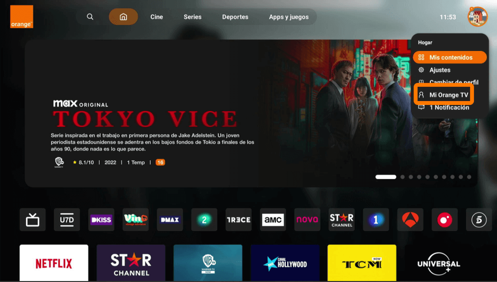 Vista detallada de un programa en la aplicación de Orange TV, destacando el área donde se puede activar el aviso de emisión
