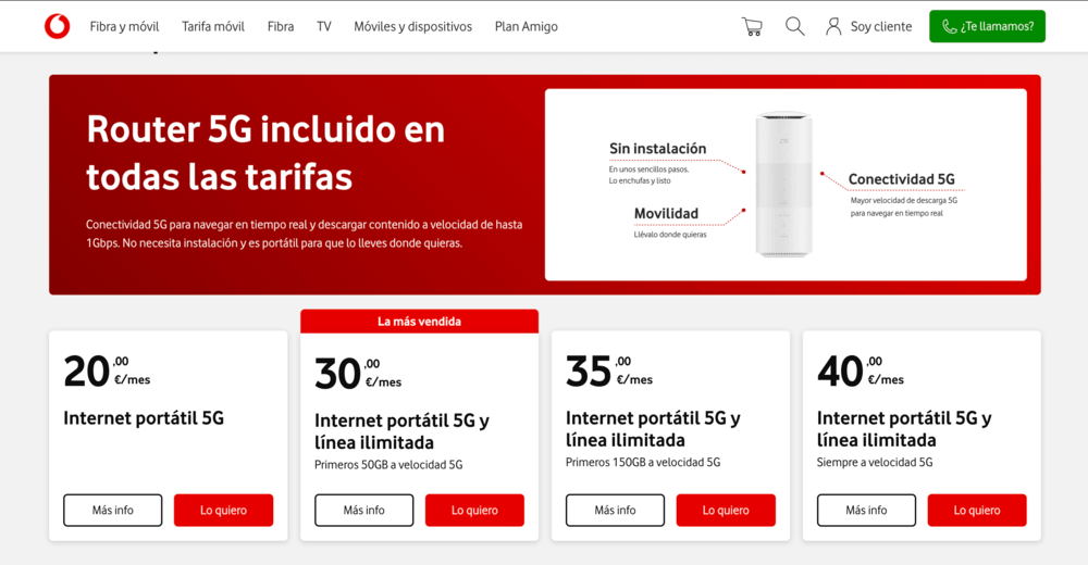 Infografía con las tarifas antiguas del servicio Internet Portátil 5G de Vodafone, que ya no se encuentran vigentes