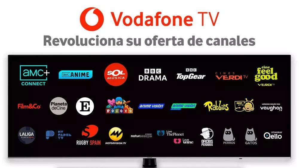 Mosaico promocional de Vodafone TV con los logos de los principales canales y plataformas disponibles, incluyendo HBO Max, Disney+, Prime Video y AMC+
