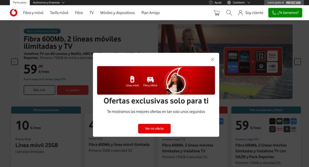 Ventana emergente en el portal de Vodafone que invita a los usuarios a iniciar el proceso para ver promociones de telefonía e internet