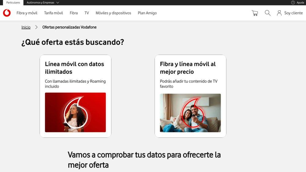 Paso de selección en la herramienta de ofertas de Vodafone donde el usuario elige entre la opción Solo Móvil o un Pack Convergente con fibra, móvil y TV