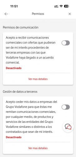 Pantalla de un smartphone mostrando el menú de Privacidad y Permisos dentro de la aplicación Mi Vodafone para desactivar las llamadas comerciales.