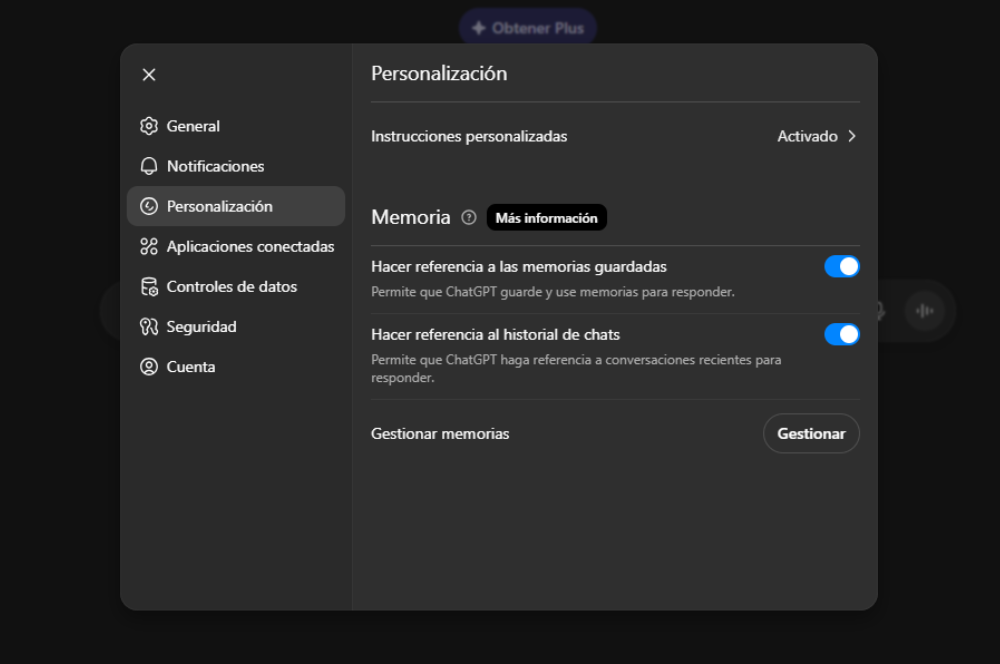 captura de pantalla del ajuste de memoria en ChatGPT activado