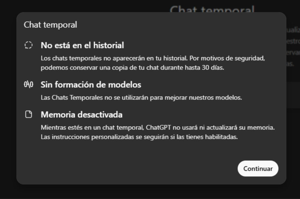 captura de pantalla del chat temporal de ChatGPT