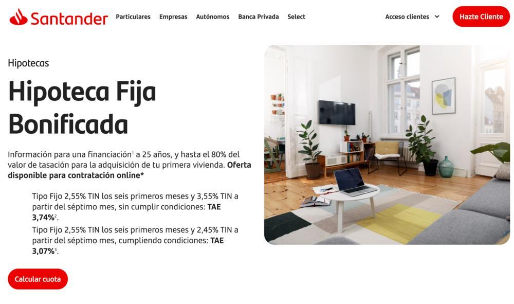 Imagen corporativa de la Hipoteca Fija de Banco Santander sobre un fondo rojo.