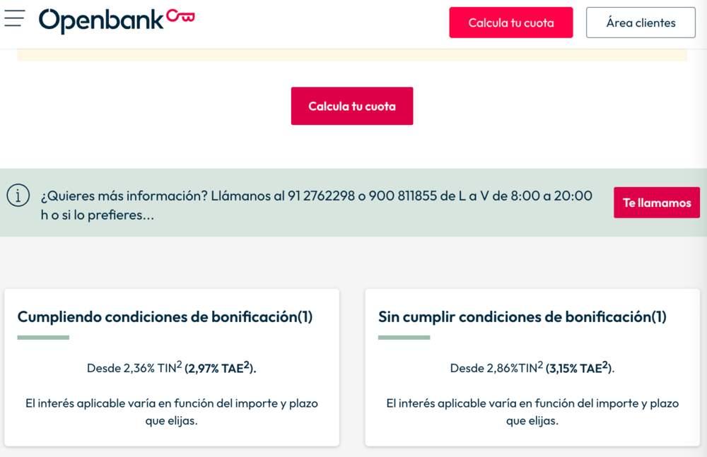 Captura de pantalla de la web de Openbank mostrando las condiciones de su Hipoteca Open Fija