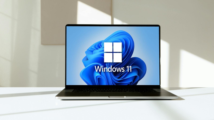 Logo de Windows 11 en un portátil que presenta fallos en el disco duro SSD