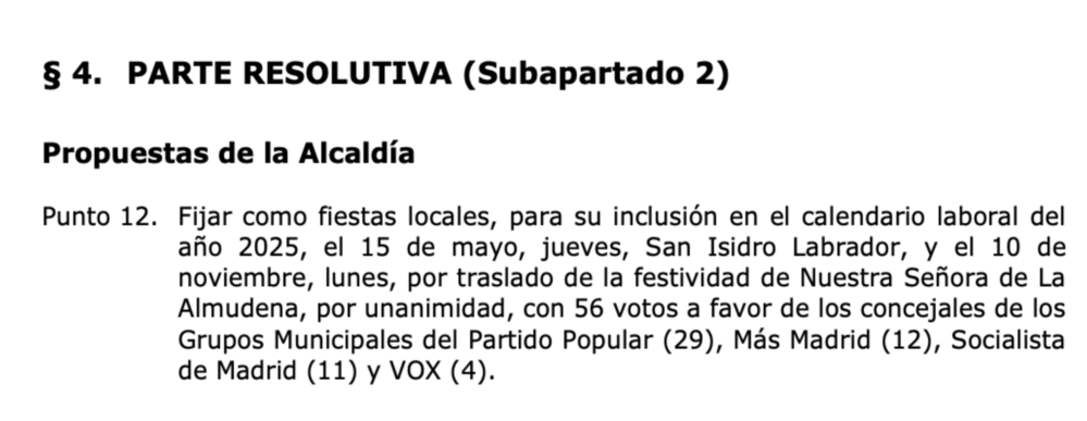 Extracto del Boletín Oficial mostrando el acuerdo del Pleno del Ayuntamiento de Madrid para trasladar la festividad de la Almudena al 10 de noviembre de 2025