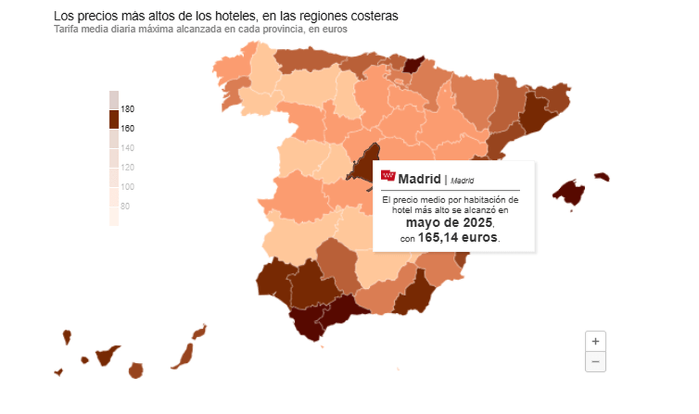 Precios medios habitaciones de hotel en España en 2025.