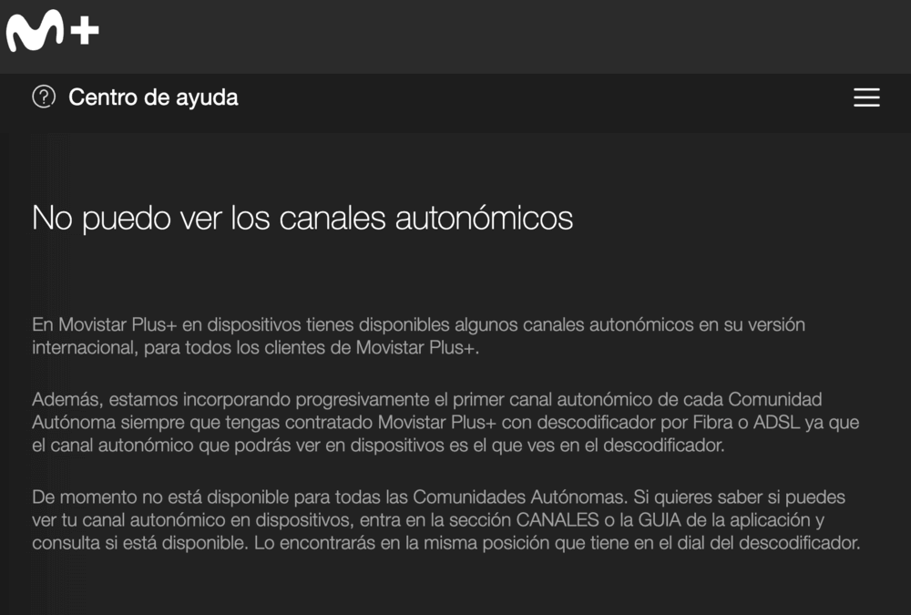 Captura de texto de la web de Movistar Plus+ explicando que los canales autonómicos se incorporan progresivamente y su acceso principal es a través del descodificador