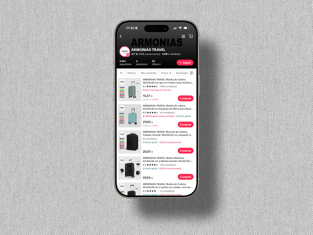 Ejemplo de un perfil de vendedor verificado en TikTok Shop, destacando la insignia azul de verificación, la puntuación media de valoraciones y el número de seguidores