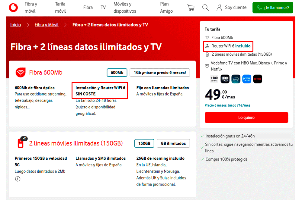 tarifa con router WiFi 6 de Vodafone