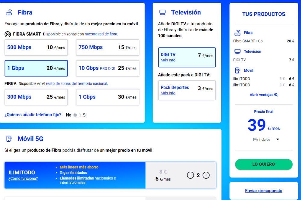 Tabla de precios de Digi mostrando sus tarifas más baratas
