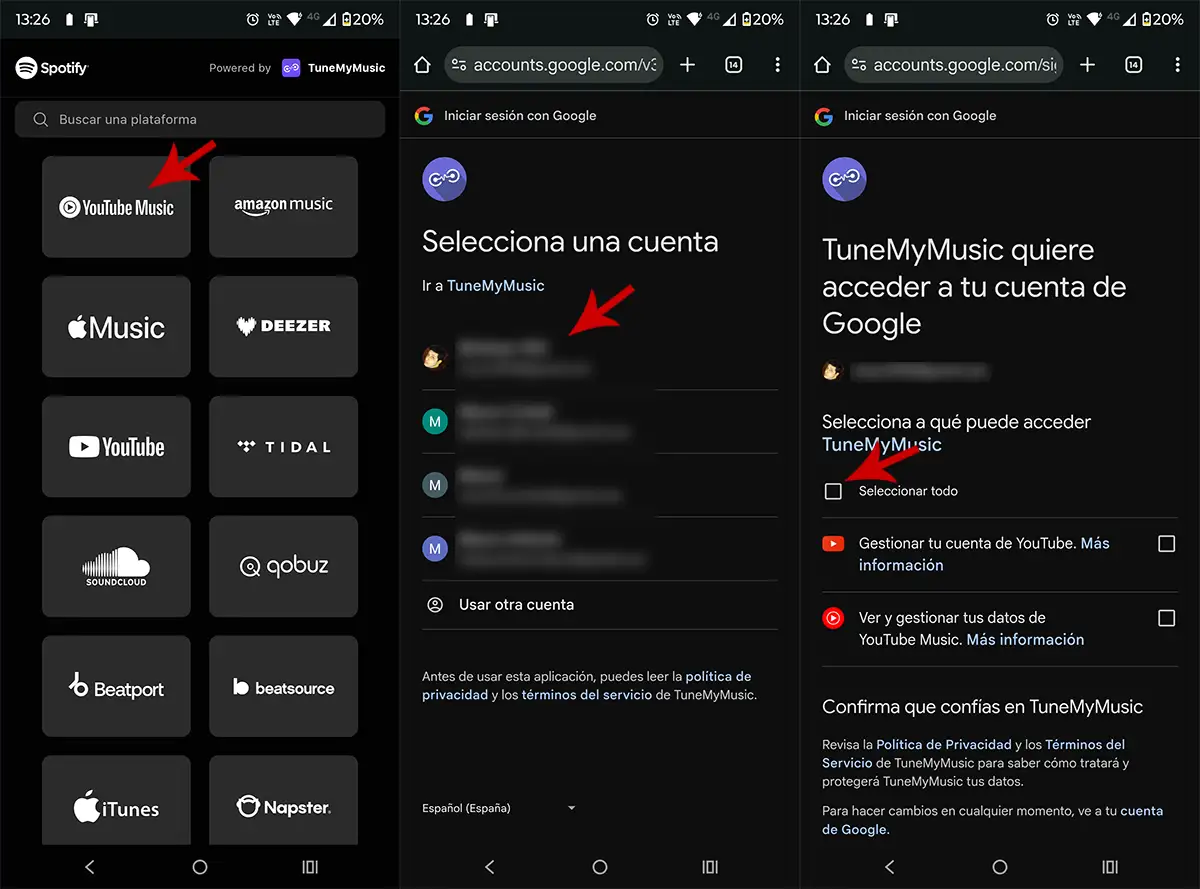 Elegir servicio para importar playlists a Spotify