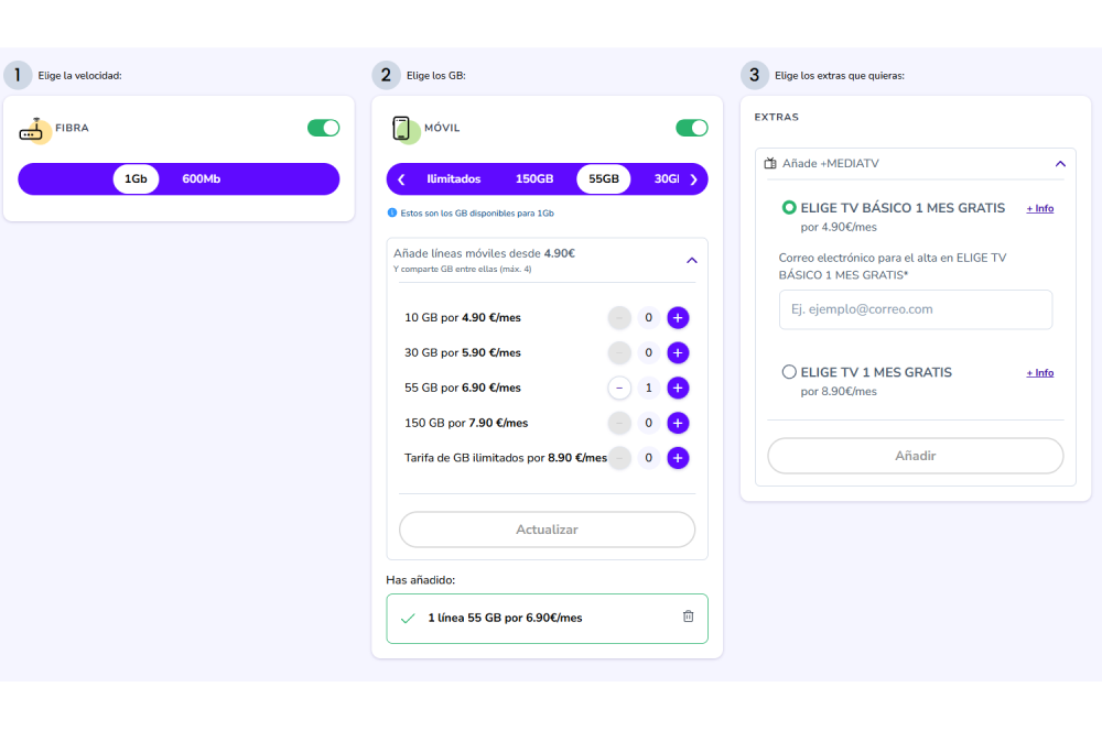 Configurador de tarifas de Finetwork mostrando un paquete convergente
