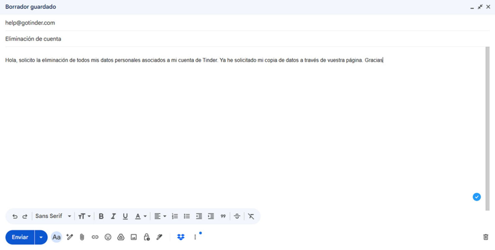 Enviar correo electronico a Tinder