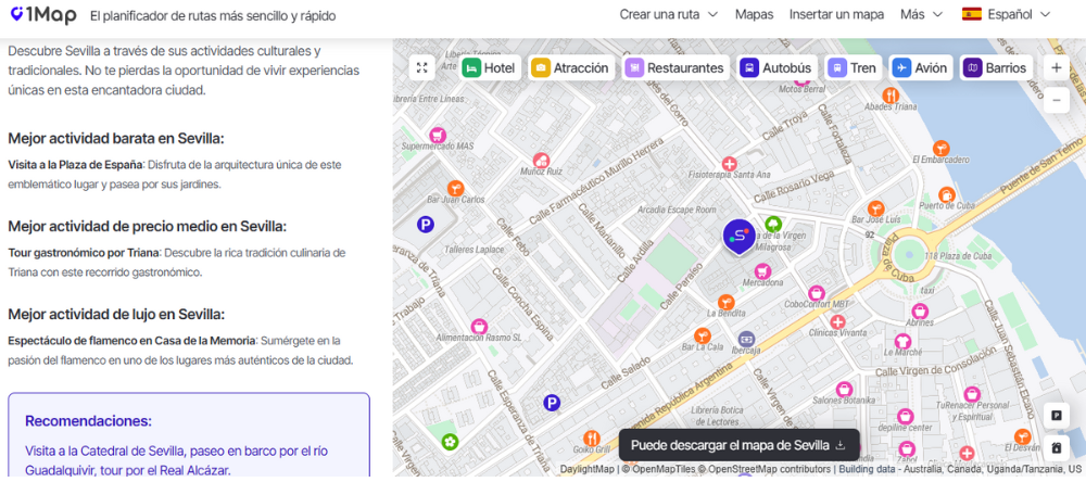 recomendaciones actividades turísticas Sevilla con 1Map